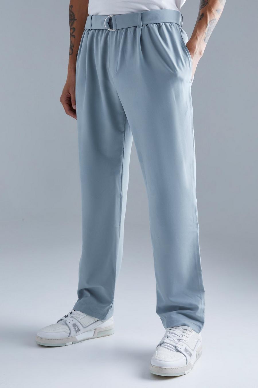 Light grey Elasticated Straight Belted 4 Way Stretch Trousers