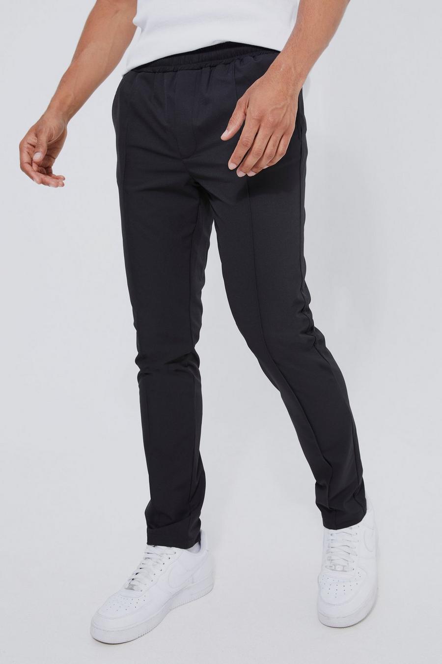 Black Elasticated Skinny Pintuck 4 Way Stretch Trousers