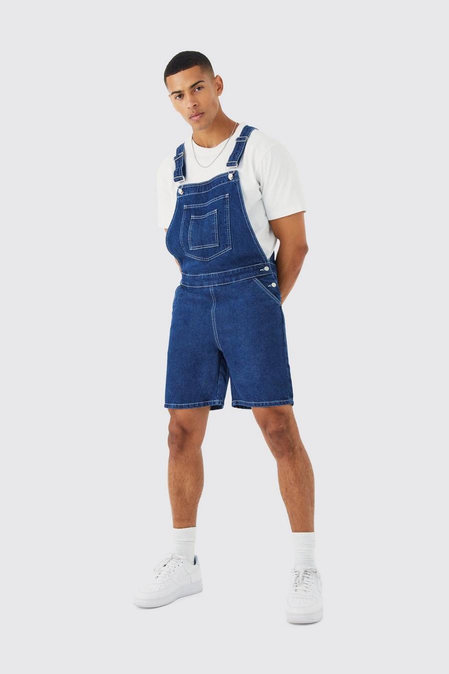 Mid blue Relaxed Contrast Stitch Denim Short Dungarees