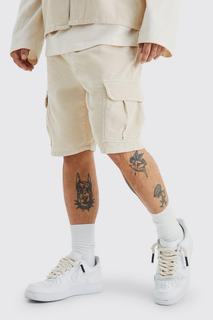 Stone beige Relaxed Long Cord Cargo Shorts