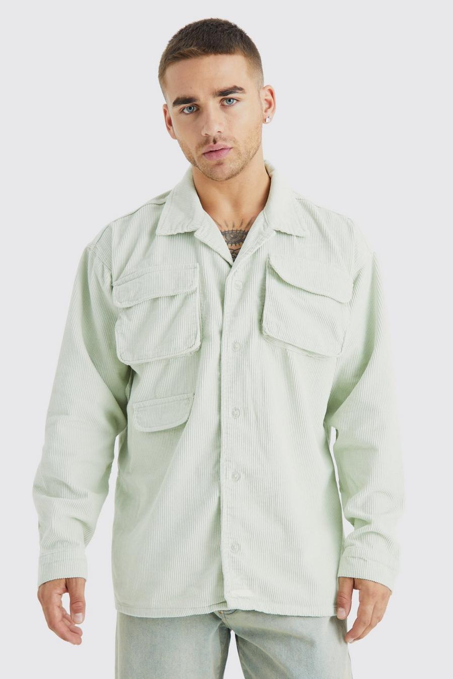 Sage green Long Sleeve Utility Cord Over Shirt