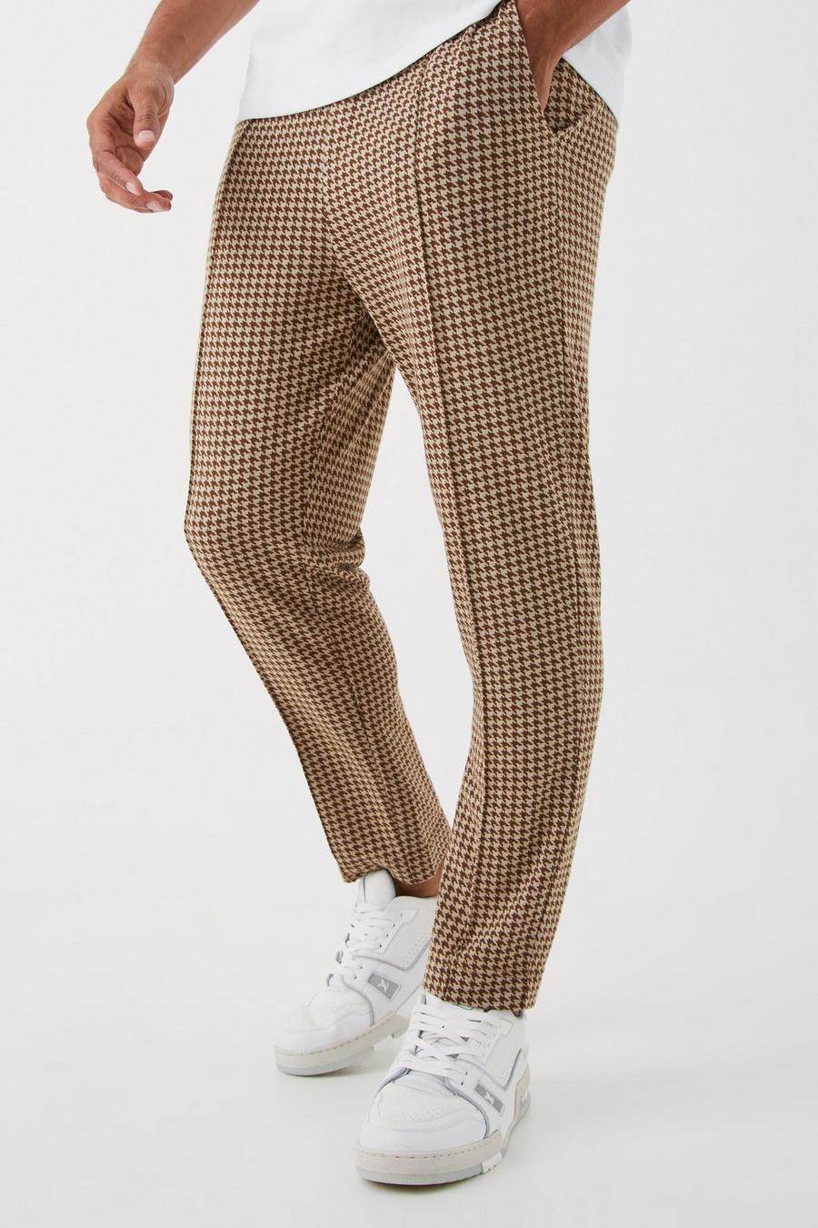 Beige Elasticated Tapered Pintuck Dogstooth Trousers image number 1