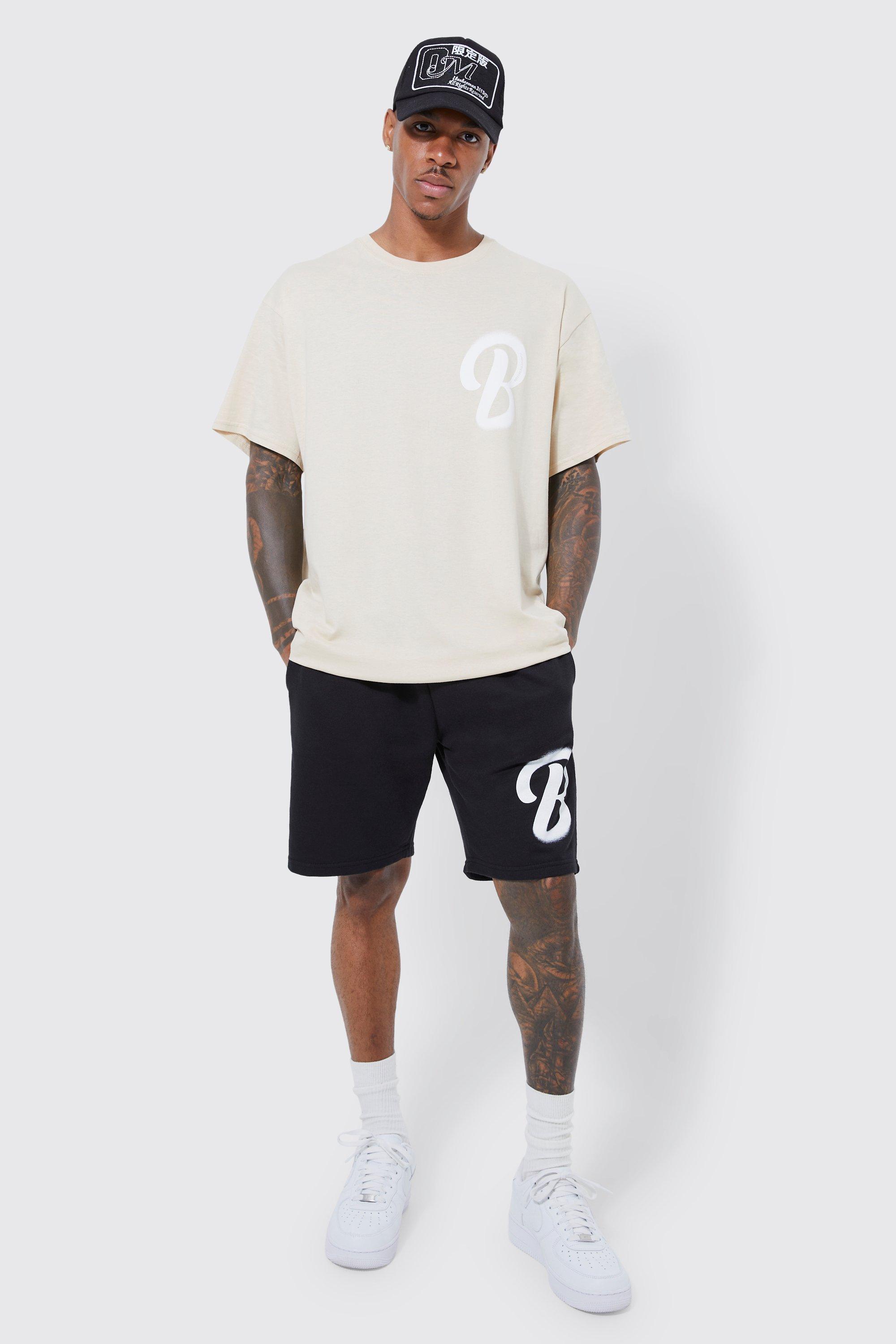 Oversized B Graffiti T-shirt & Short Set | Boohoo UK