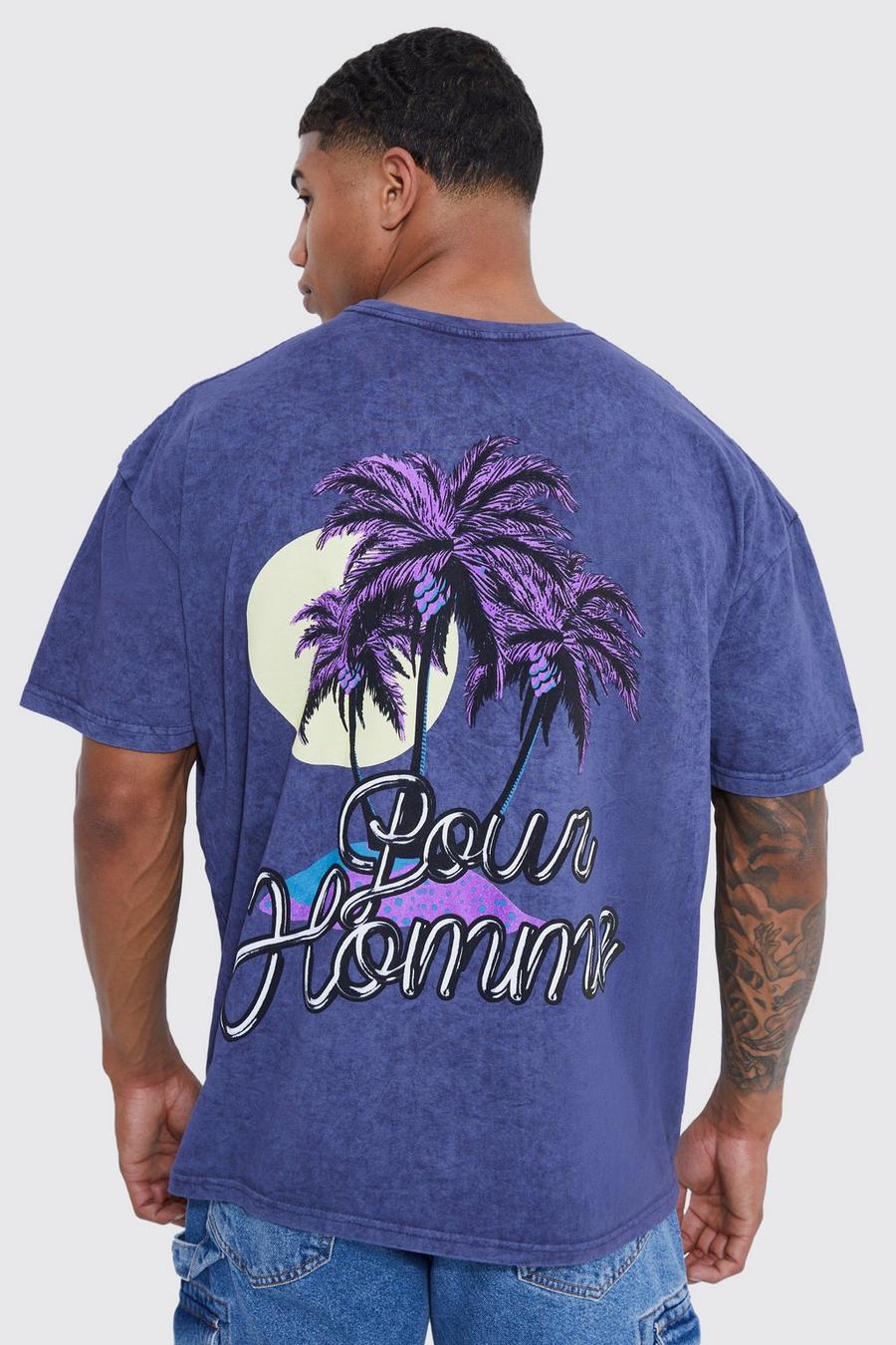 Camiseta oversize con estampado de palmeras y puesta de sol, Navy image number 1