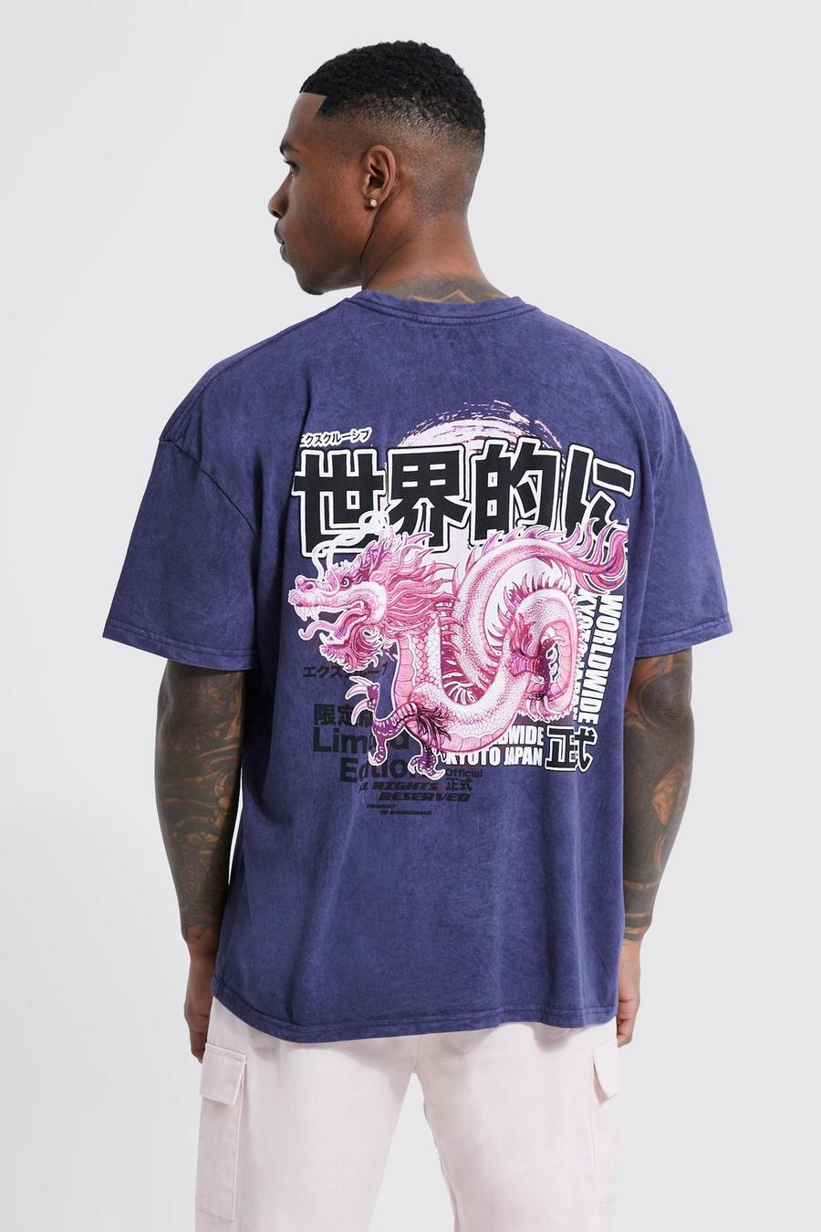 Men's Oversized Washed Dragon Graphic T-shirt | Boohoo UK