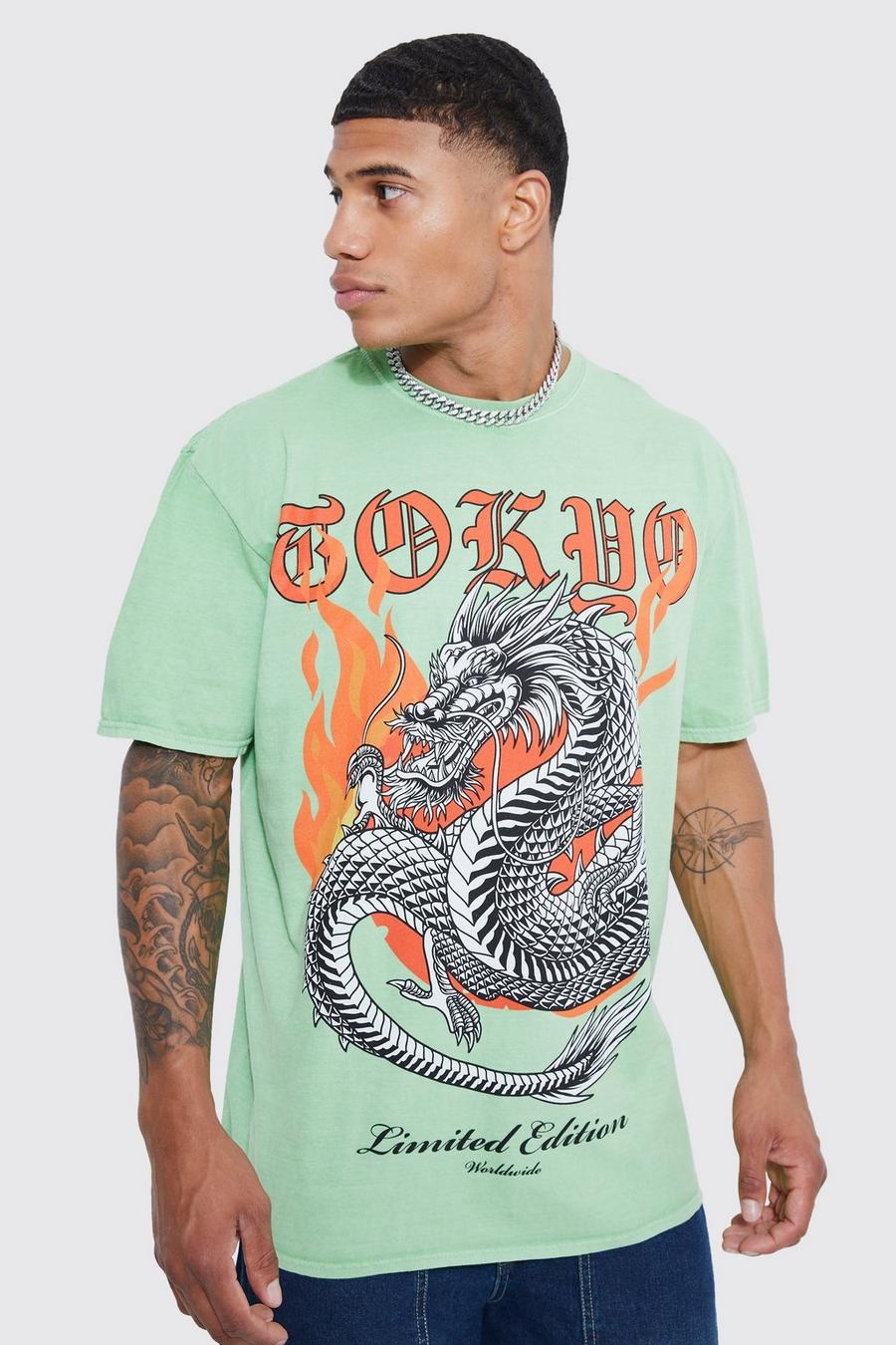 Green Oversized Overdyed Dragon Graphic T-shirt