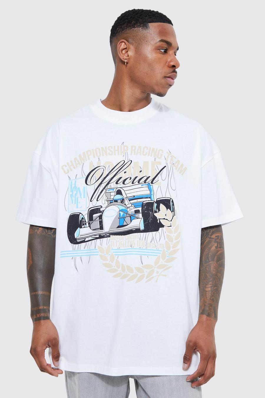 White blanc Oversized Extended Neck Racing Graphic T-shirt image number 1
