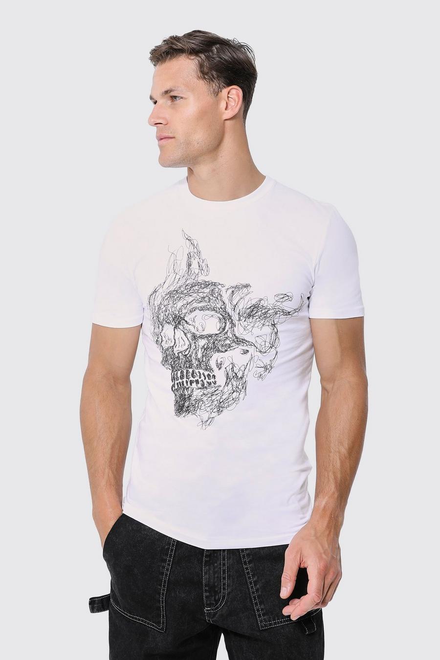 T-shirt Tall attillata con disegno di teschio, White bianco image number 1