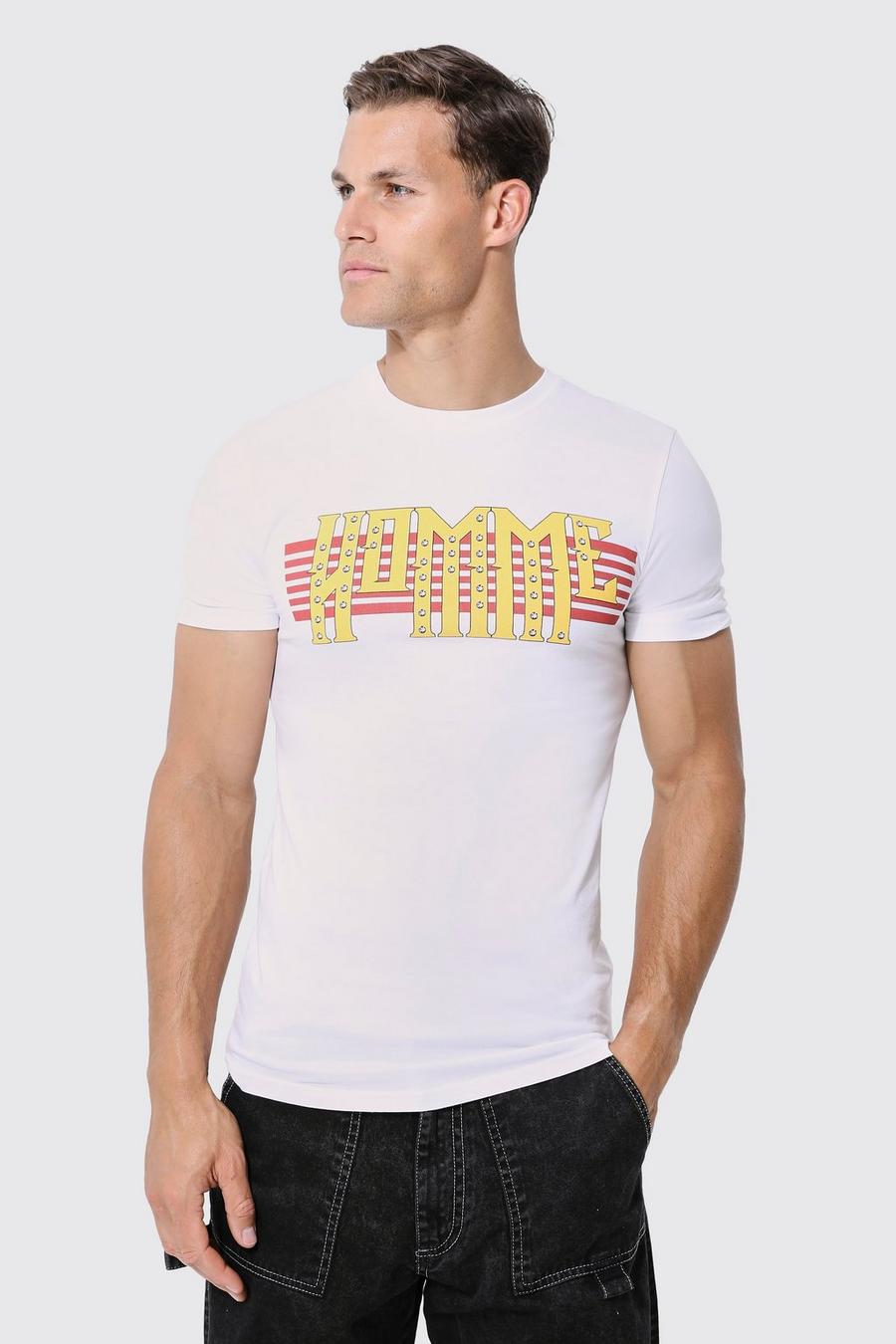 White Tall Muscle Fit Homme T-Shirt Met Print image number 1