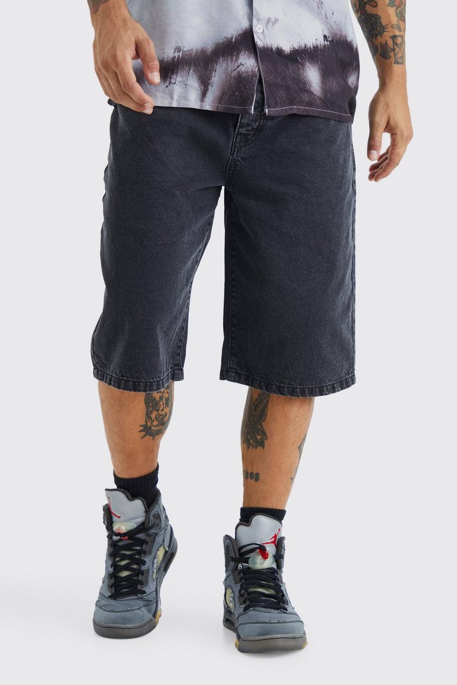 Washed black Onbewerkte Baggy Denim Long Line Shorts