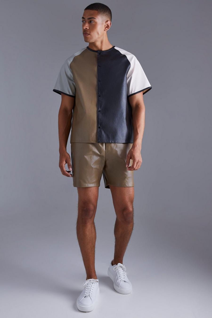Kragenloses kurzärmliges kastiges PU-Hemd & Shorts, Multi image number 1