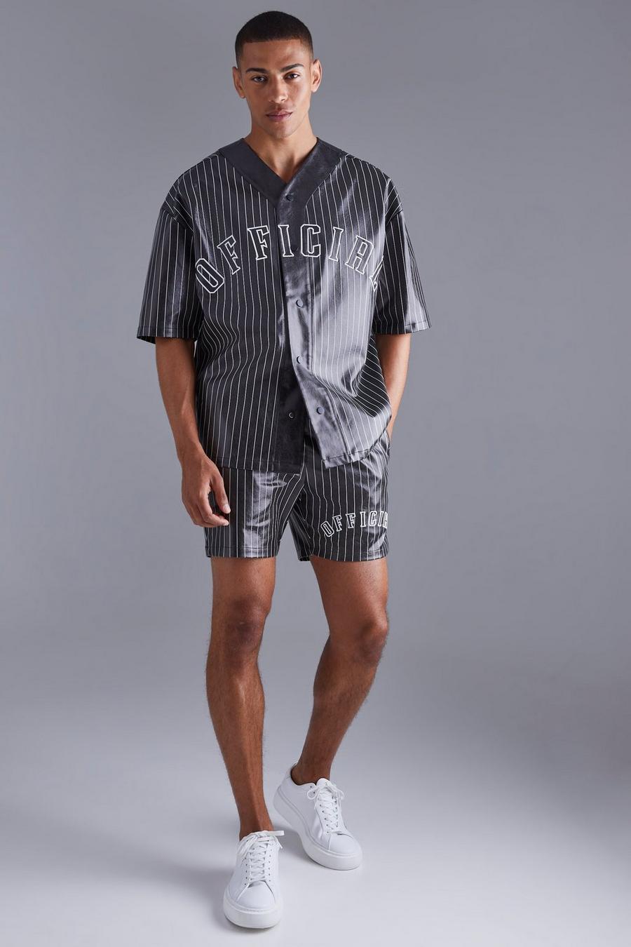 Black Short Sleeve Oversized Pu Baseball Shirt & Short Set image number 1