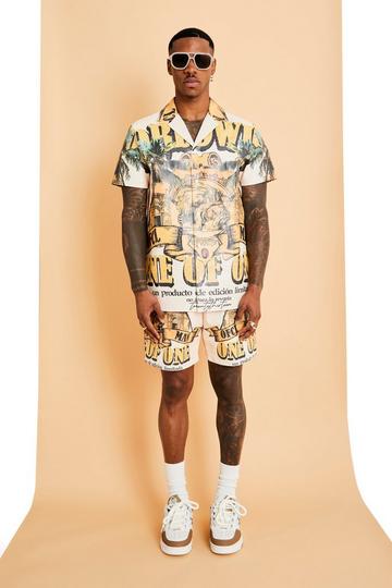 Stone Beige Short Sleeve Revere Pu Graphic Shirt & Short Set