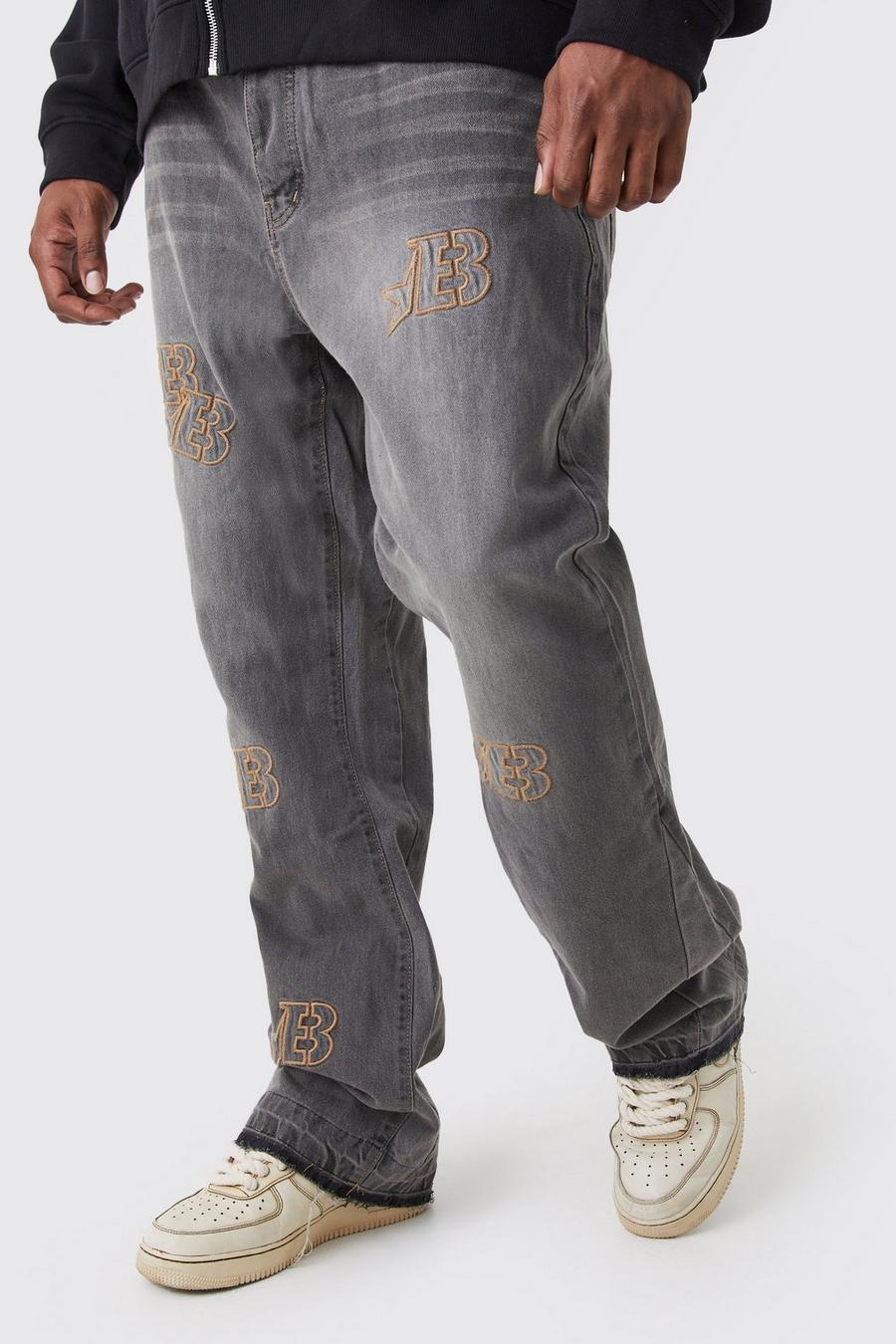 Grey Plus Slim Rigid Flare Distressed Applique Jeans