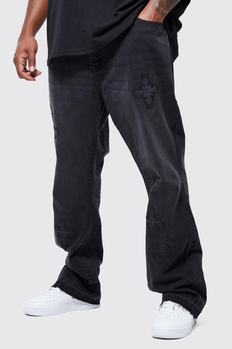 Jeans Plus Size Slim Fit in denim rigido con applique a croce, Washed black