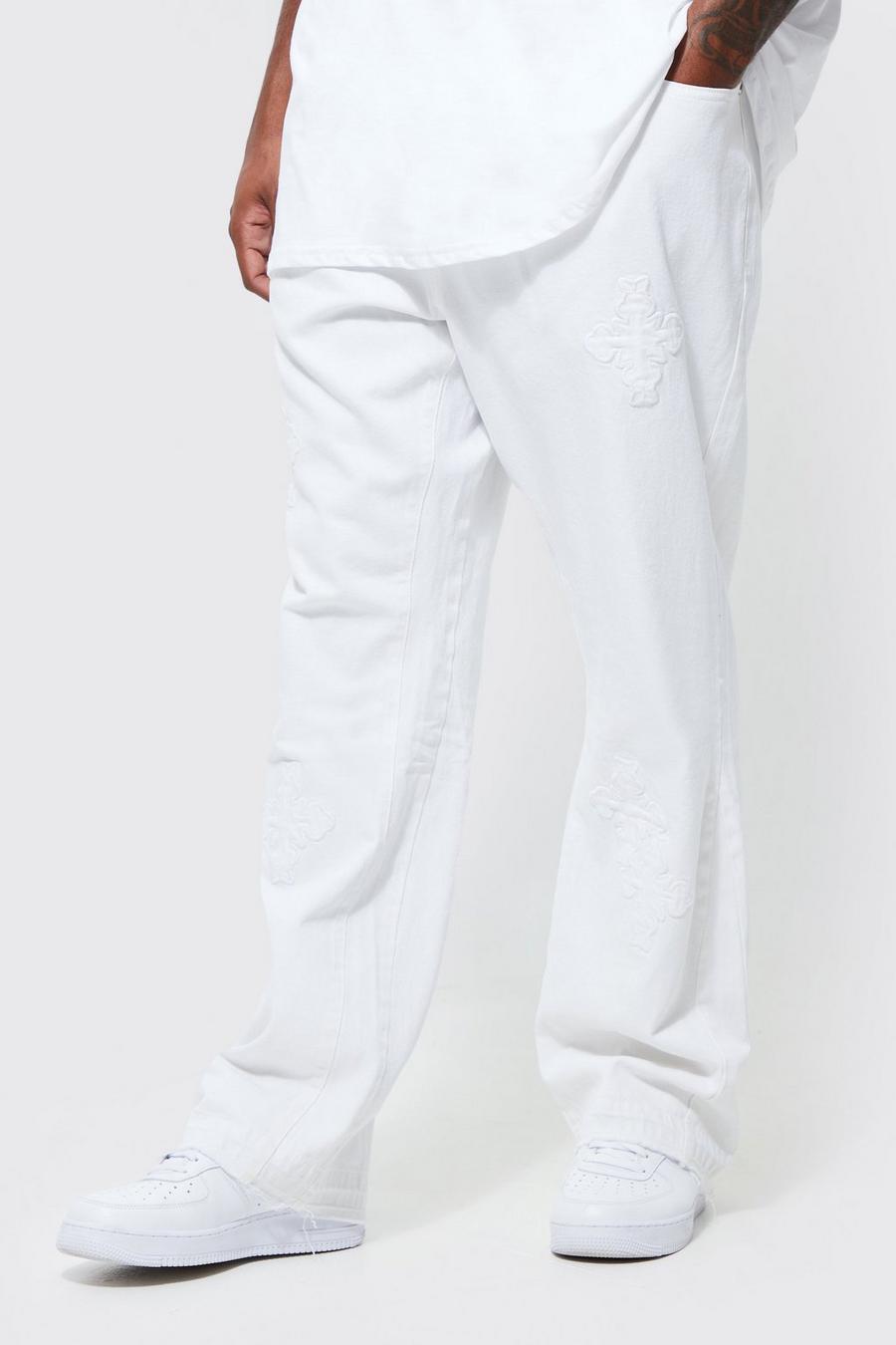 White weiß Plus Slim Rigid Flare Cross Applique Jean
