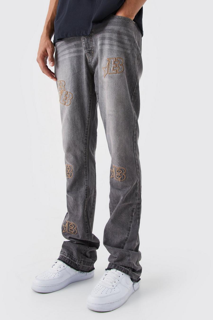 Grey Tall Slim Rigid Flare Distressed Applique Jeans