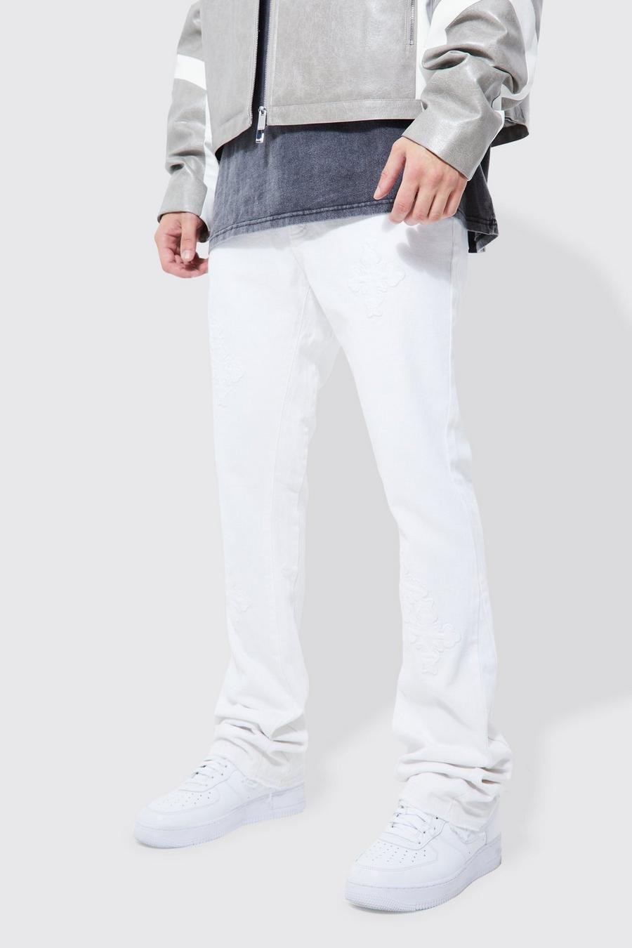 Jeans Tall Slim Fit in denim rigido con applique a croce, White bianco