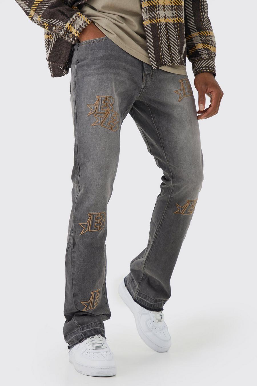 Grey gris Slim Rigid Flare Distressed Applique Jeans
