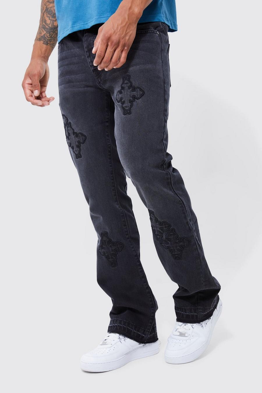 Washed black Jeans i slim fit med korsade band image number 1