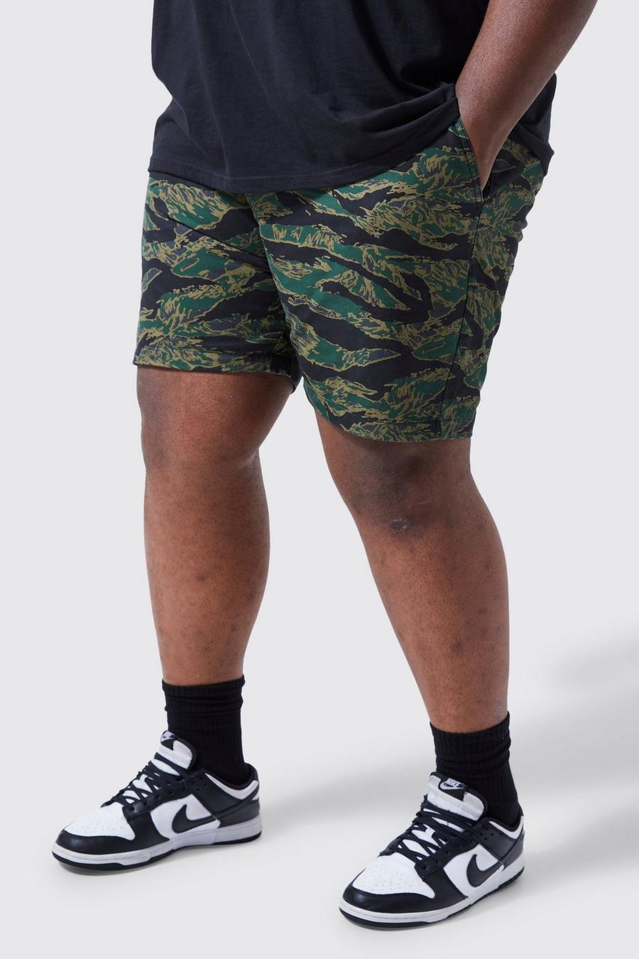 Khaki kaki Plus Korte Comfortabele Camouflage Print Camo Elastische Taille