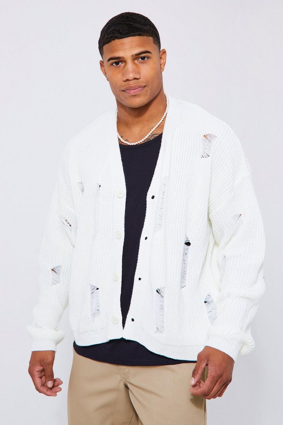 Ecru white Boxy Fit Distressed Knitted Cardigan