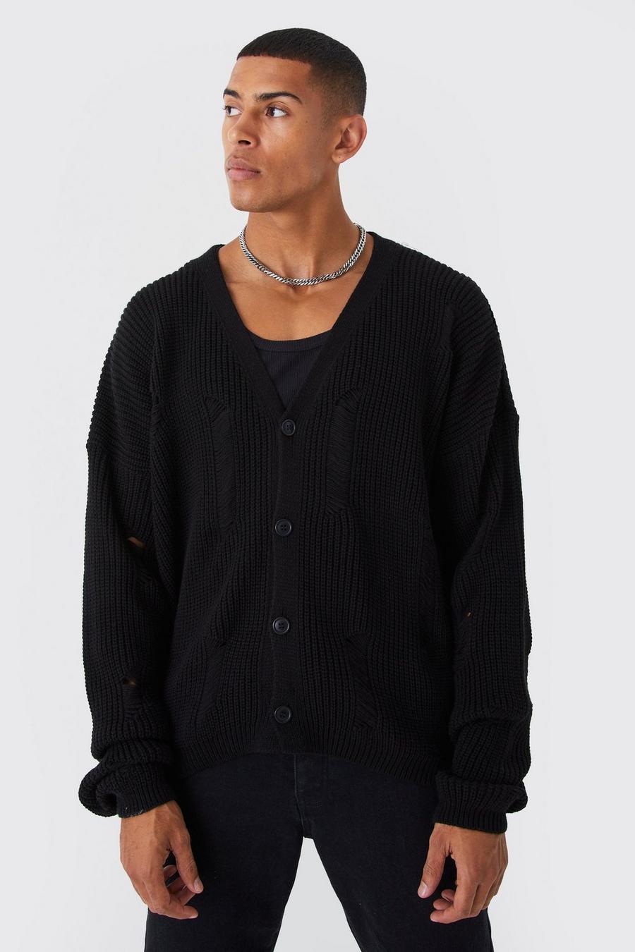 Black Boxy Fit Distressed Knitted Cardigan image number 1