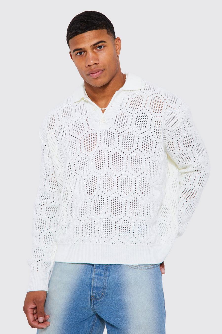 Ecru white Oversized Long Sleeve Crochet Polo