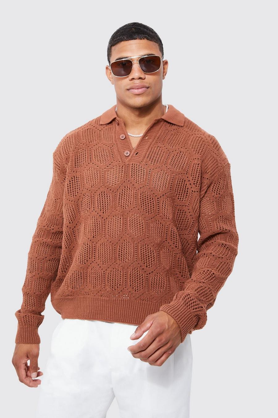 Rust orange Oversized Long Sleeve Crochet Polo