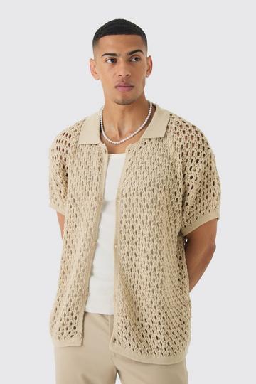 Oversized Boxy Fit Crochet Shirt stone