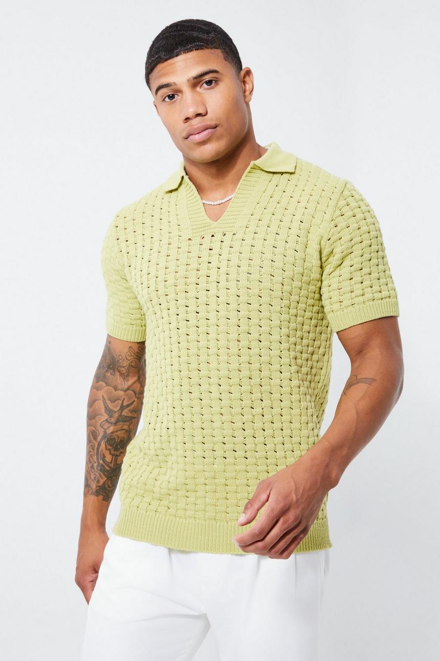 Gewebtes Strick-Poloshirt mit V-Ausschnitt, Sage grün