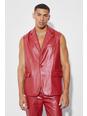 Chaqueta de traje de cuero sintético sin mangas con botonadura, Red