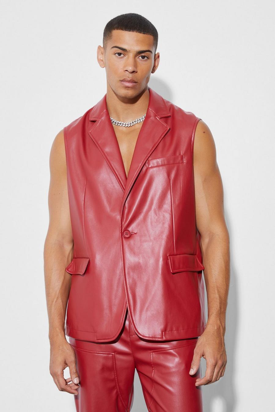 Red Sleeveless Pu Single Breasted Suit Jacket image number 1