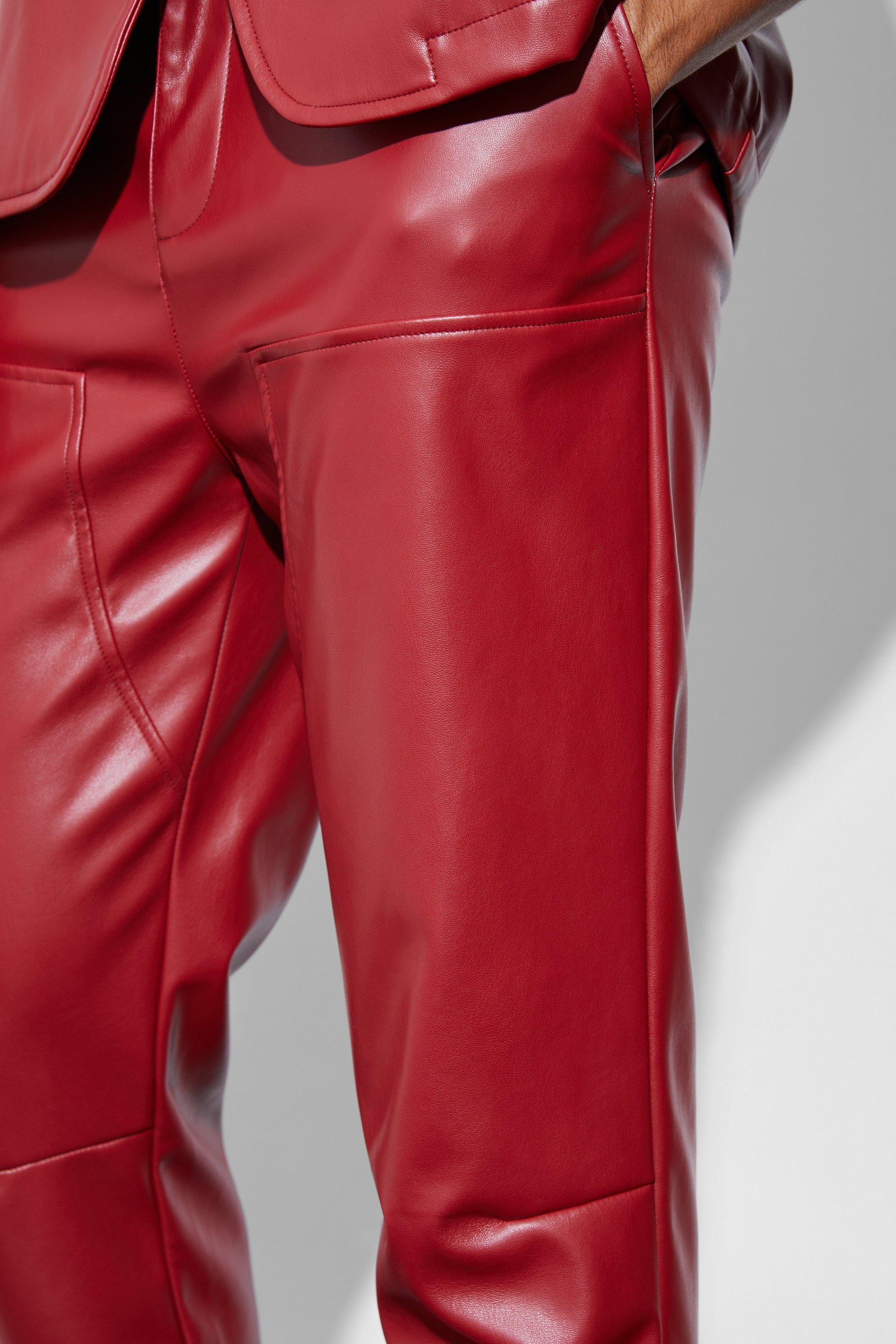 Red Straight Leg Leather Pants