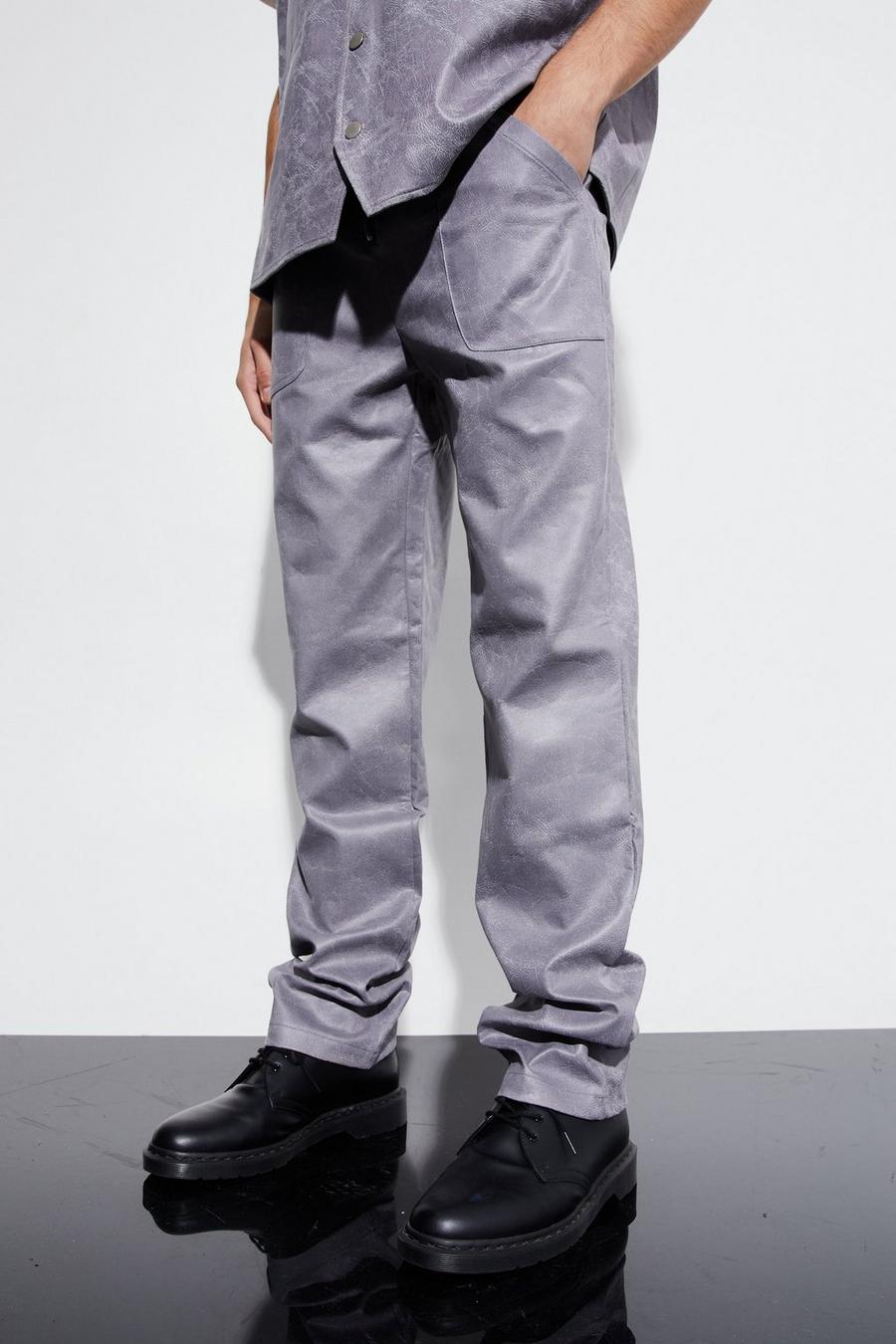 Pantalón de traje vintage recto de cuero sintético con cremallera, Charcoal gris