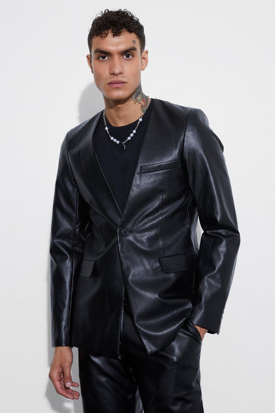 Black Collarless Pu Slim Fit Suit Jacket image number 1