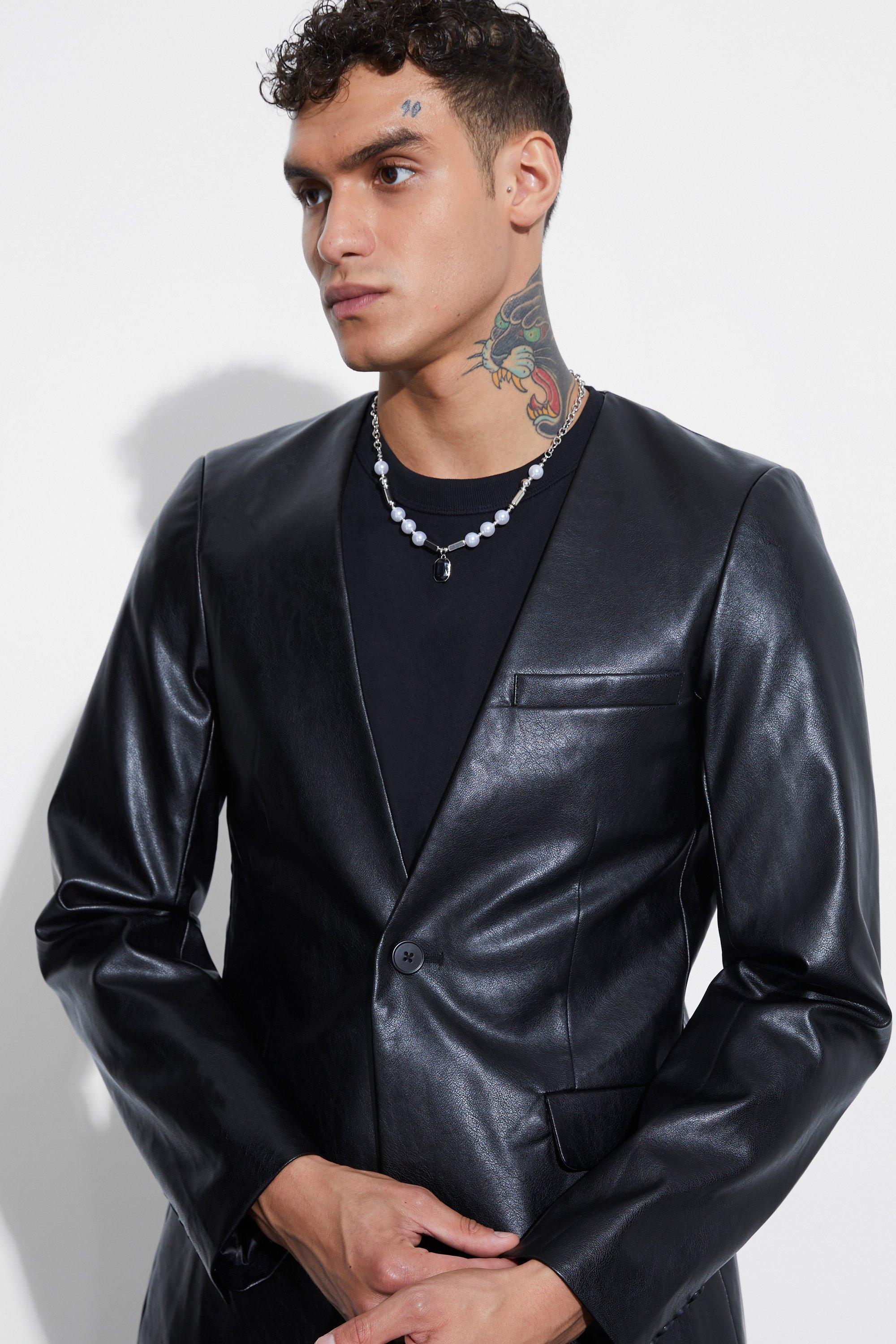 Collarless pu shop jacket