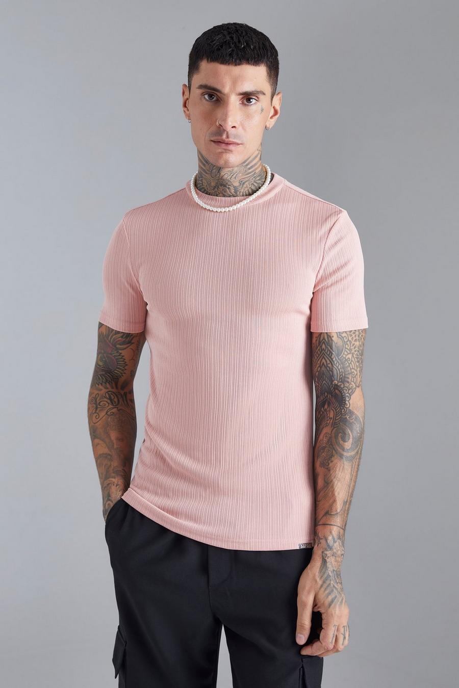 Light pink Muscle Fit Textured T-shirt image number 1