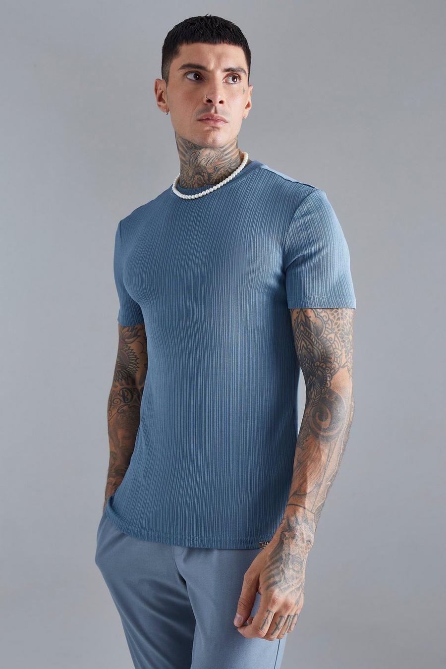 Dusty blue Muscle Fit Textured T-shirt