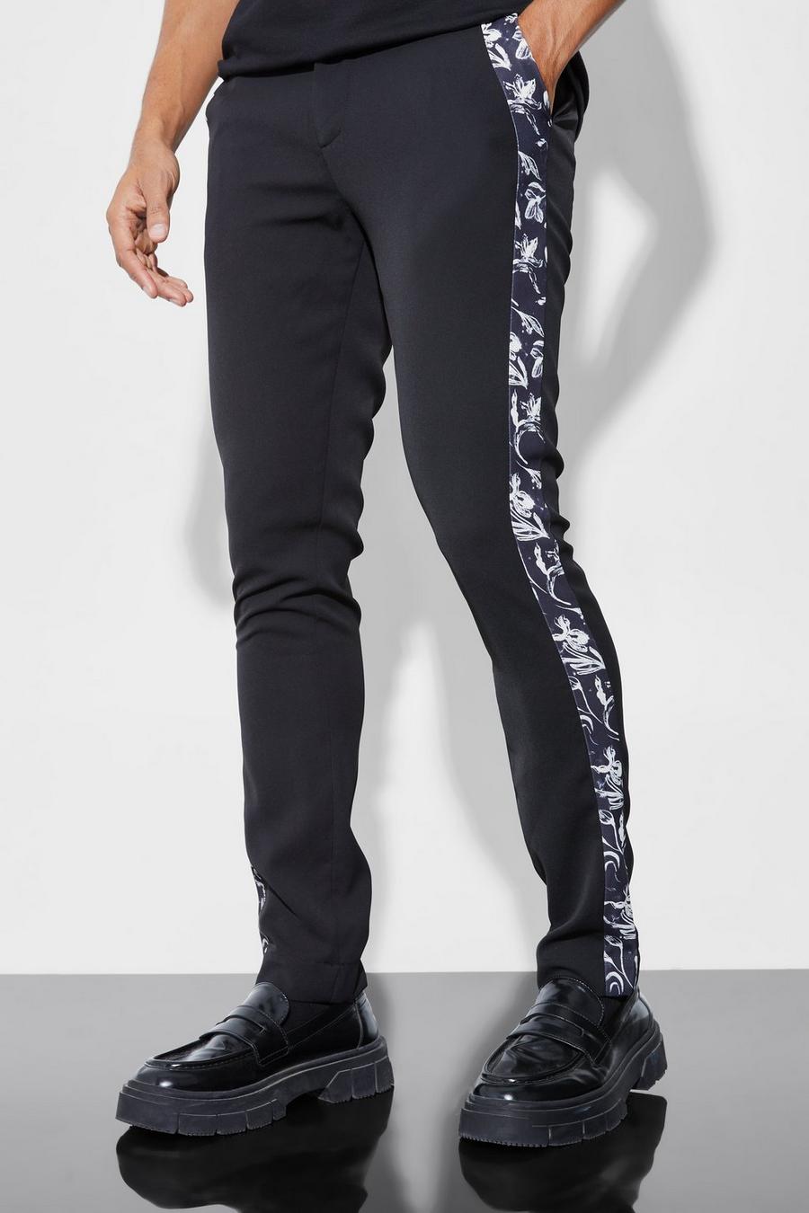 Black Kostymbyxor i skinny fit med barockmönstrade sidopaneler image number 1