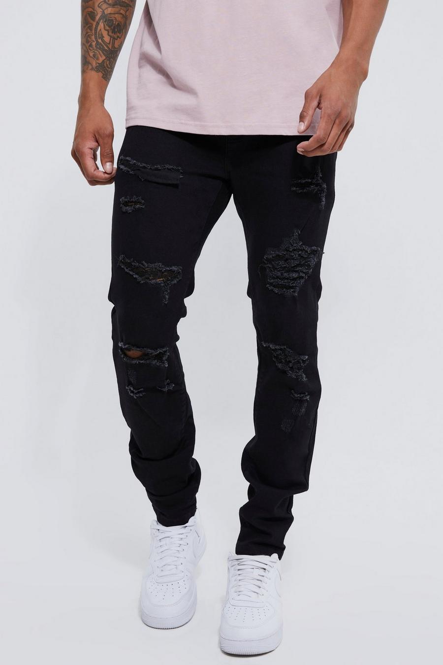 Jeans Skinny Fit Stretch con strappi all over, True black image number 1