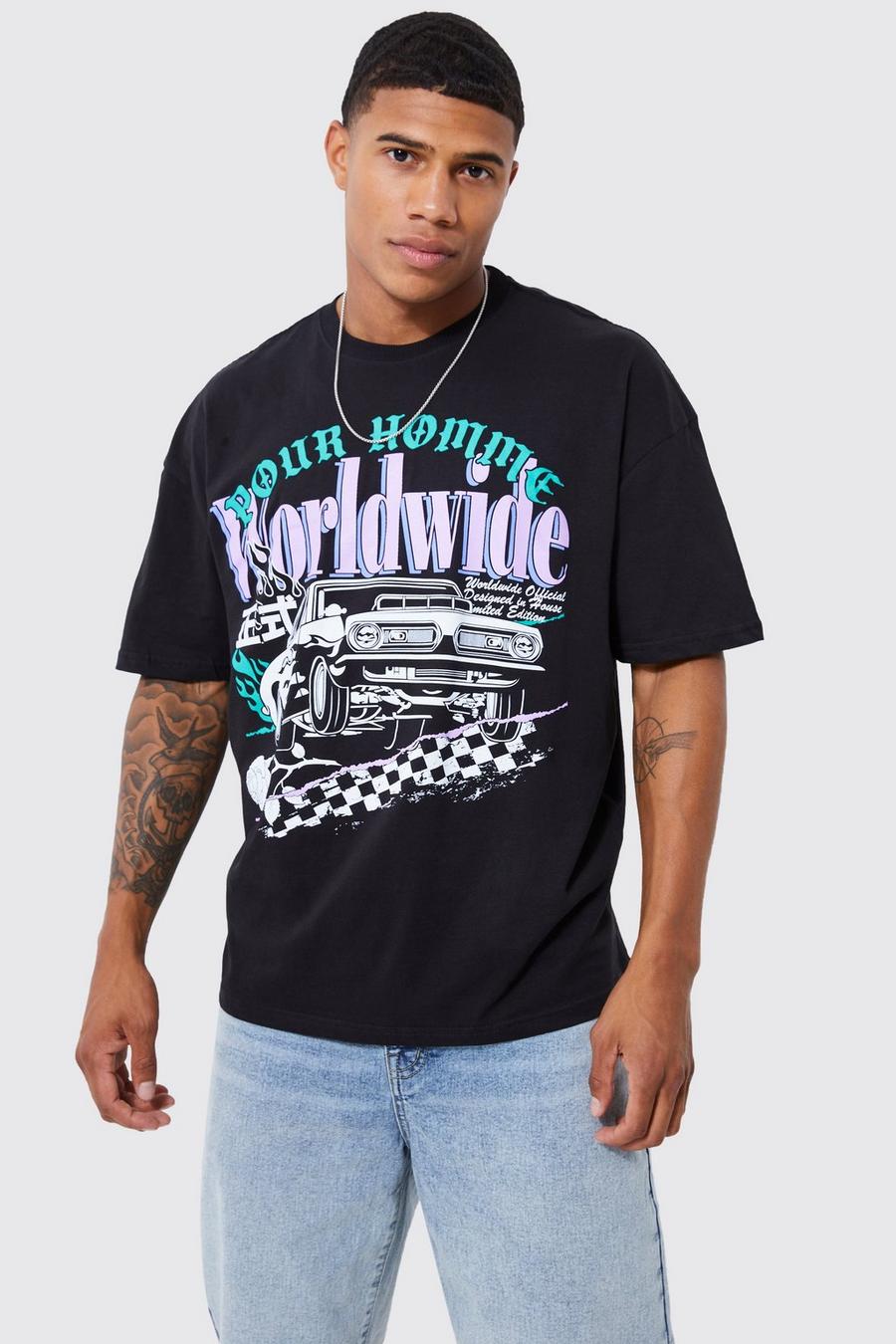 Camiseta oversize con estampado gráfico de carreras, Black negro