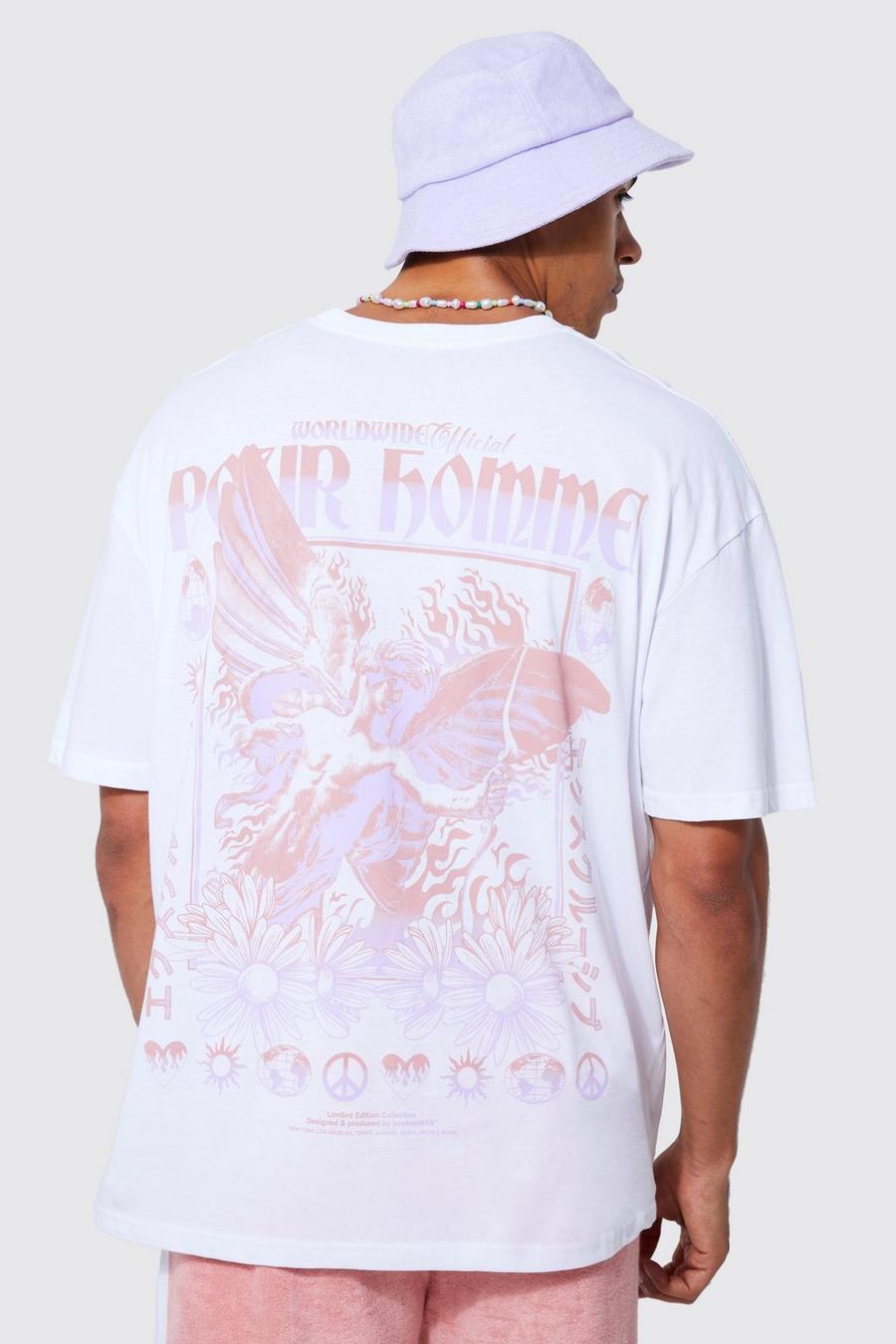 White Oversized Floral Cupid Back Graphic T-shirt
