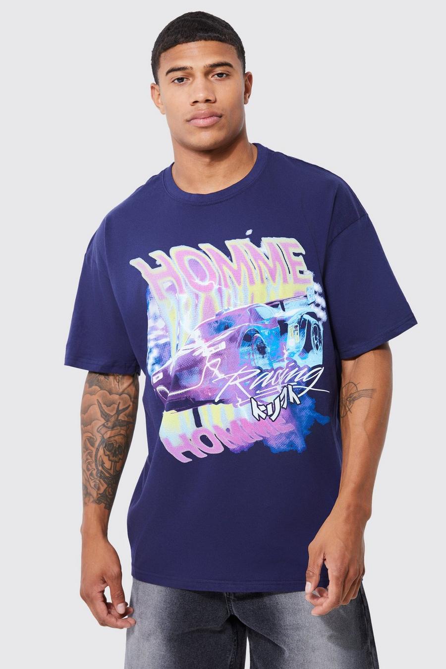 T-shirt oversize con grafica Racing, Navy