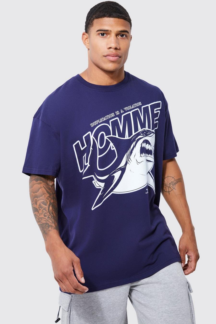 Navy Oversized Homme Shark Graphic T-shirt