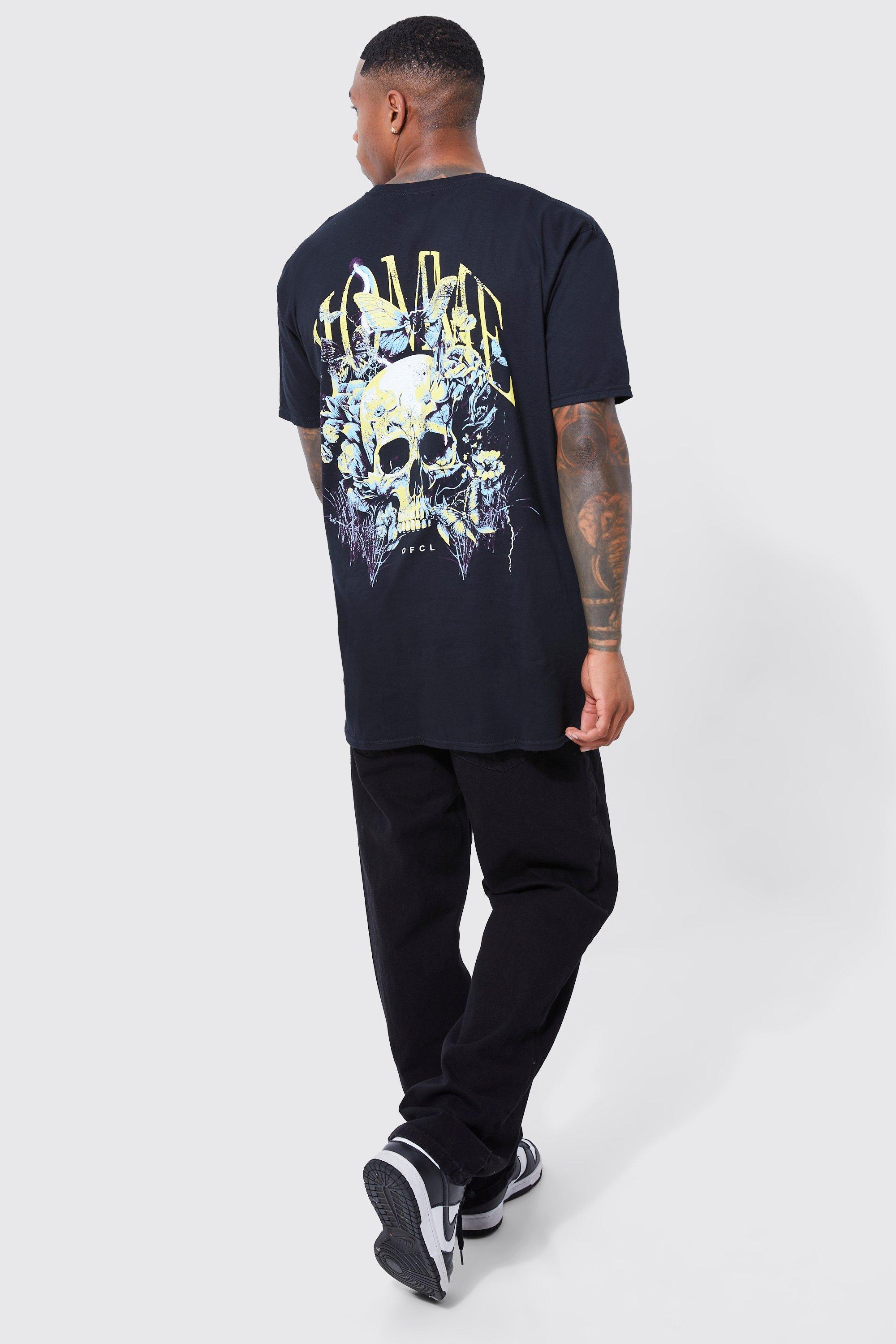 boohoo Men's Oversized Floral Skull Back Graphic T-Shirt - Black