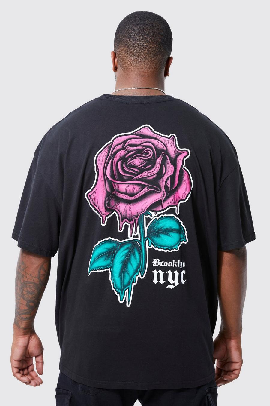 T-shirt Plus Size oversize con grafica NYC Rose sul retro, Black negro