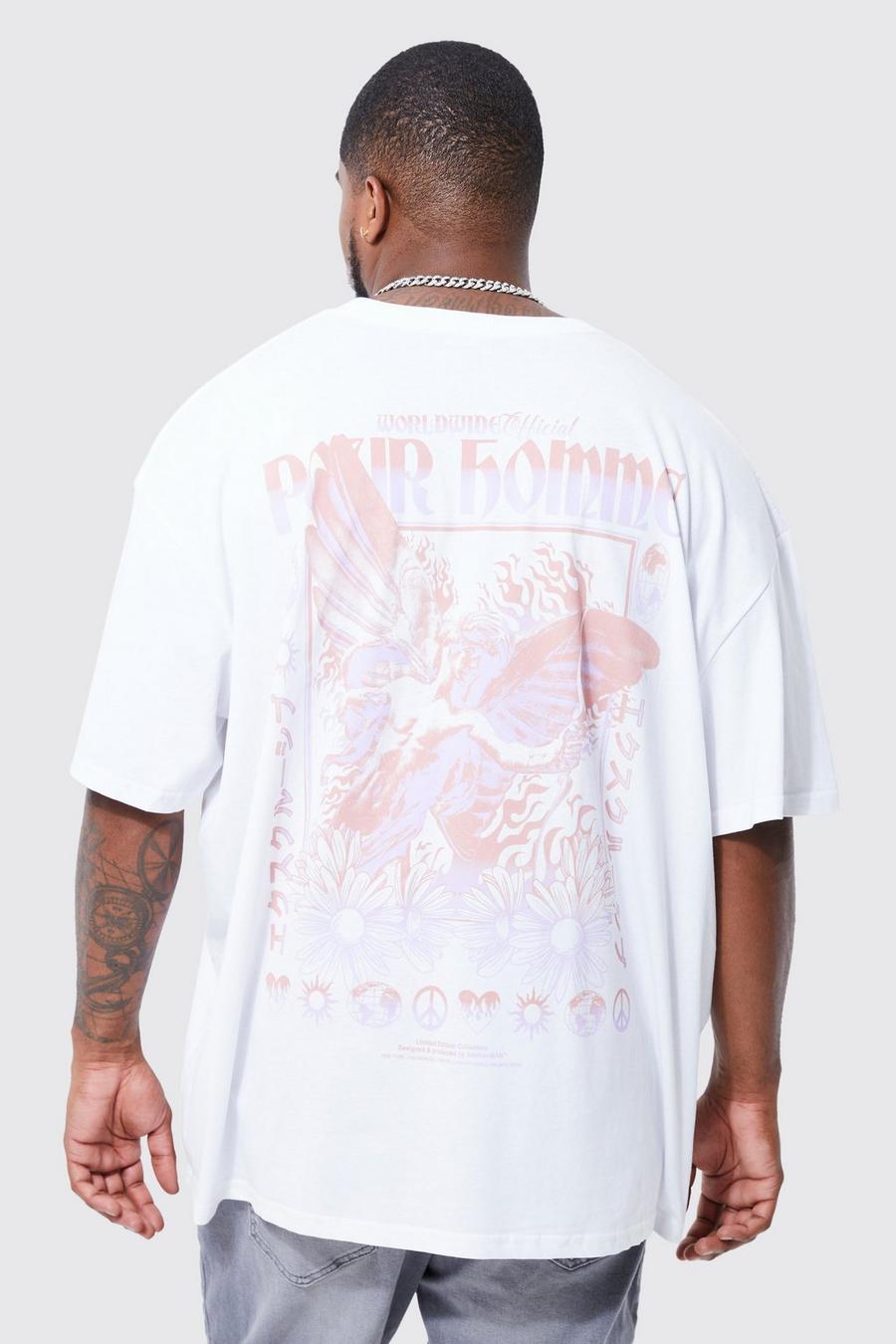 T-shirt Plus Size oversize a fiori con grafica di Cupido, White bianco