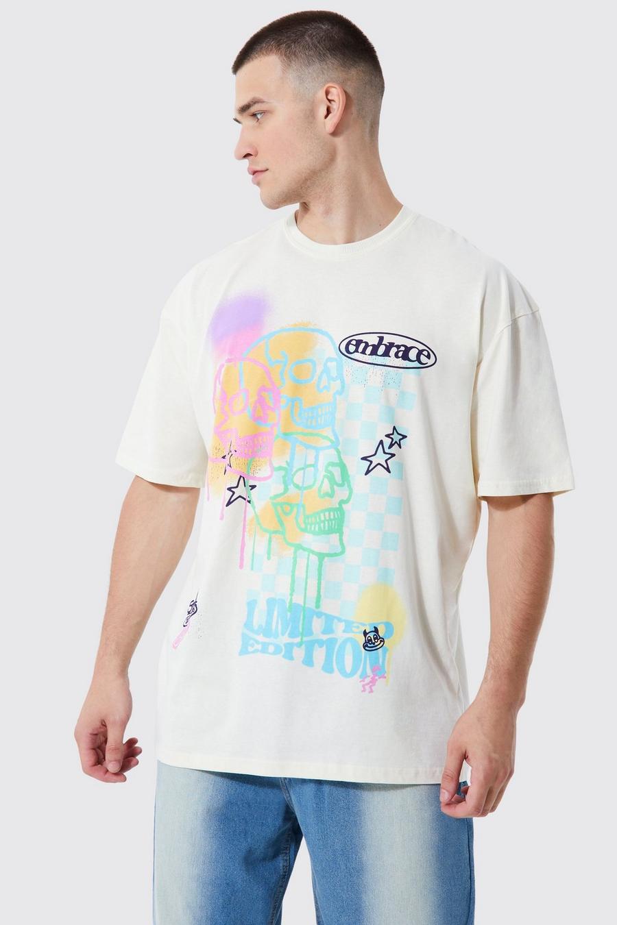 Ecru white Tall Oversized Graffiti Schedel T-Shirt