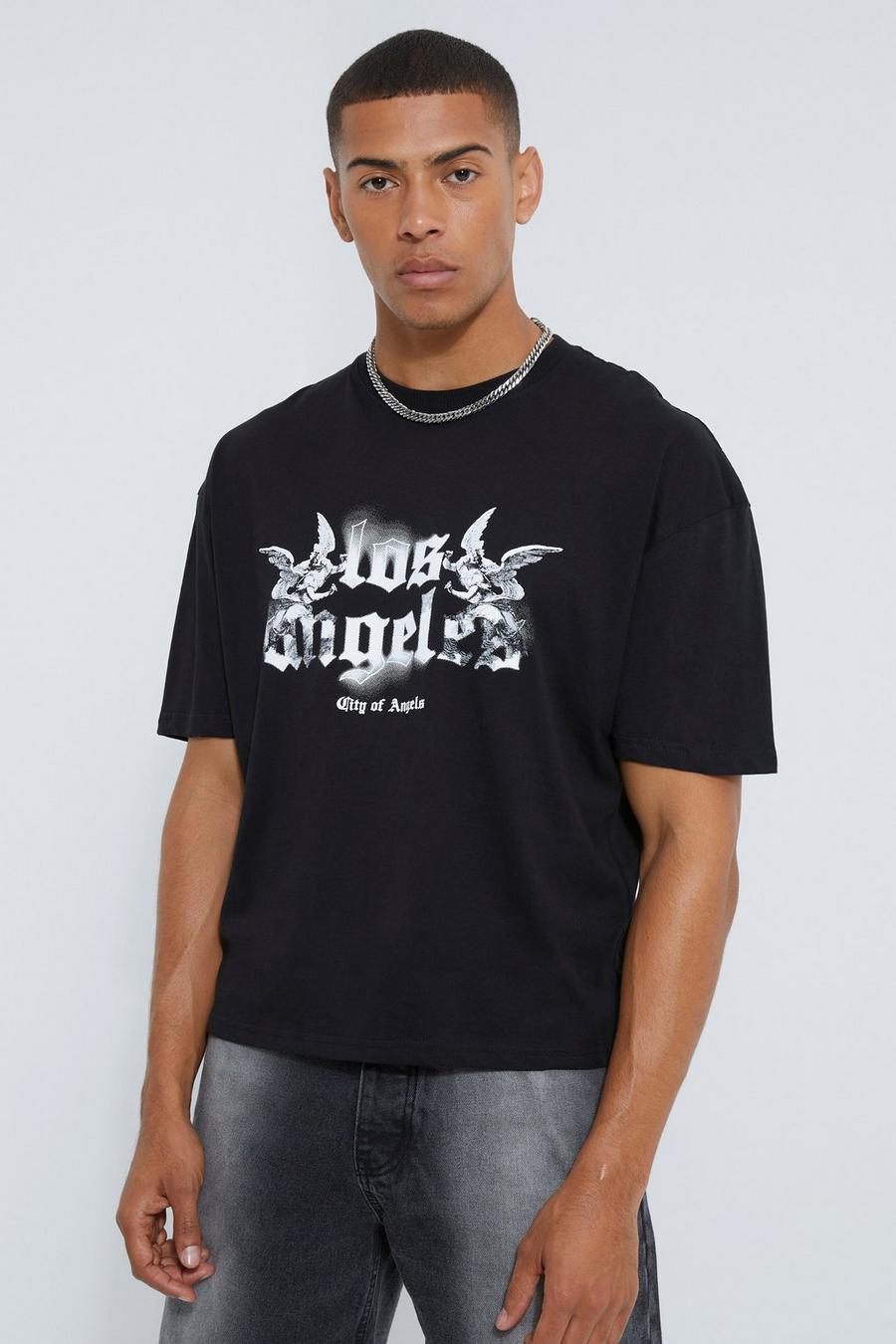 Camiseta oversize recta con estampado de Los Angeles, Black negro